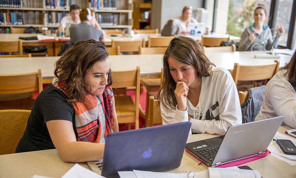 two female students studying in library